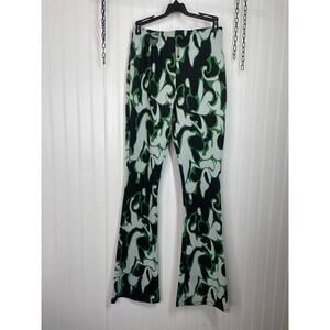 Zara Green & White Jacquard Print High Waist Bootcut Trouser Pants Size M